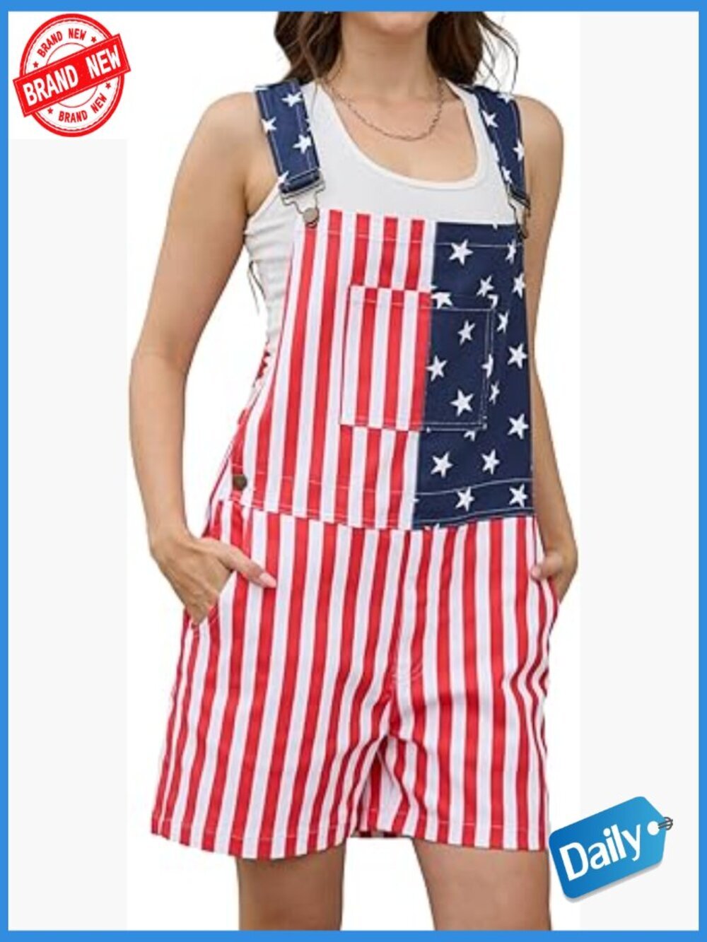 American Flag Overall Shorts Stretch Cotton 4th of July Patriotic USA